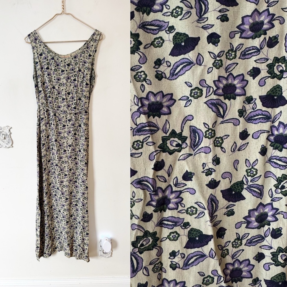 Sacred Threads 90s Grunge Boho Sage Green and Purple Floral Maxi Dress S